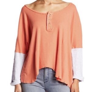 FREE PEOPLE Retro Star Henley Coral Medium We The Free Distressed Linen Blend